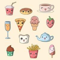 set di simpatici cibi e bevande per la colazione kawaii vettore