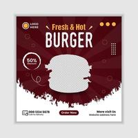 modelli di banner post sui social media per la promozione del menu del cibo dell'hamburger. vettore
