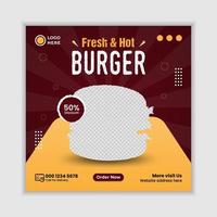 modelli di banner post sui social media per la promozione del menu del cibo dell'hamburger. vettore