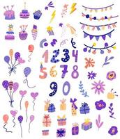 collezione di elementi di compleanno. palloncini, torte, ghirlande, regali, numeri e fiori. elementi di carnevale dei cartoni animati. tutto per una vacanza, una festa e un compleanno. illustrazione vettoriale. vettore