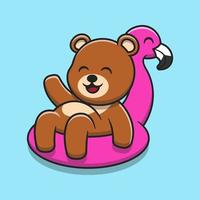 simpatico orso che indossa l'illustrazione gonfiabile dell'icona del fumetto del pallone da nuoto del fenicottero vettore