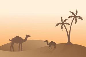 arabesco cammello silhouette vettore di sfondo, luce solare sera, sabbia del deserto, religione islamica vacanza mubarak