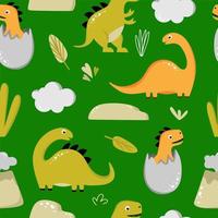modello senza cuciture con dinosauri divertenti su sfondo verde. utilizzare per tessuti, carta da imballaggio, poster, sfondi, decorazione di feste per bambini. illustrazione vettoriale