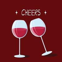 due bicchieri di vino su sfondo rosso. per biglietti, inviti, pubblicità, banner. amanti del vino. illustrazione vettoriale. vettore