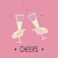 due mani che tengono bicchieri di champagne. incontri, bere, applausi, illustrazione di san valentino. per banner, carte, menu, pubblicità. vettore