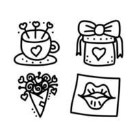 San Valentino doodle set di icone data degli amanti. bar del primo incontro, una tazza di caffè, un regalo, un mazzo di fiori, un bacio su un tovagliolo. illustrazione disegnata a mano per web, carta, volantino, vacanze, adesivo vettore