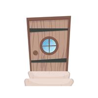 antico portone d'ingresso rettangolare in legno con finestra tonda. stile cartone animato. isolato. vettore. vettore