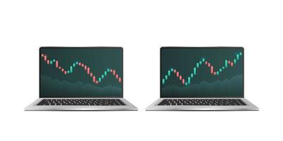 laptop con visualizzazione delle quotazioni del mercato azionario. candeliere su sfondo bianco. negoziazione di investimenti nel mercato azionario. illustrazione vettoriale. vettore