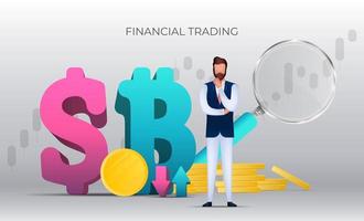 banner di trading finanziario. un uomo d'affari sta riflettendo su un'idea. monete d'oro, lente d'ingrandimento, grafico. icona del dollaro e del bitcoin. vettore. vettore