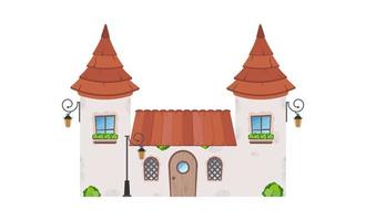 casa con torri. edificio in pietra con finestre, porte e tetto. stile cartone animato. per la progettazione di giochi, cartoline e libri. illustrazione vettoriale isolata.