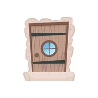 antico portone d'ingresso rettangolare in legno con finestra tonda. rivestimento in pietra. stile cartone animato. isolato. vettore. vettore