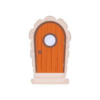 antica porta in legno con finestra rotonda. rivestimento e gradini in pietra. struttura in legno. stile cartone animato. isolato, illustrazione vettoriale. vettore