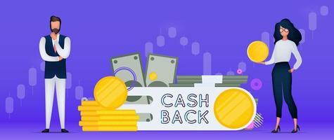 banner di cashback viola brillante. uomo d'affari fiducioso, ragazza che tiene una moneta d'oro. concetto sul tema dei guadagni. illustrazione vettoriale. vettore