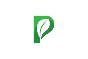 lettera p logo verde fresco della natura con il vettore di disegno dell'elemento dello spazio negativo della foglia