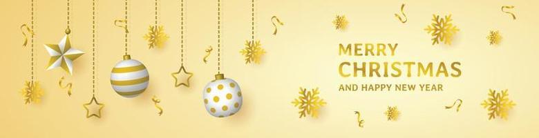 banner orizzontale di buon natale, felice anno nuovo, con ornamenti appesi, vettore di design in stile di lusso