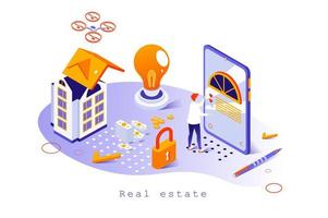 concetto di bene immobile nel design isometrico 3d. agente immobiliare che compra e vende case e appartamenti, impresa edile, attività immobiliare, modello web con scena di persone. illustrazione vettoriale per la pagina web