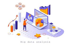 concetto di analisi dei big data nel design isometrico 3d. utente che effettua ricerche di mercato, lavora con statistiche aziendali nel data center online, modello web con scena di persone. illustrazione vettoriale per la pagina web