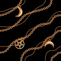 Fondo senza cuciture con ciondoli pentagramma e luna sulla catena metallica dorata. Sul nero Illustrazione vettoriale