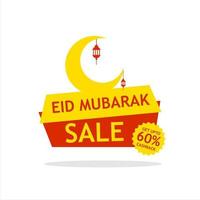 eid mubarak mega offre banner design con falce di luna, lanterne sospese e un'offerta di sconto del 60% su sfondo bianco. vettore