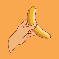 mano che tiene la banana vettore icona illustrazione stile piatto su sfondo arancione per il web, pagina di destinazione, banner, adesivo, annunci, pubblicità, volantino