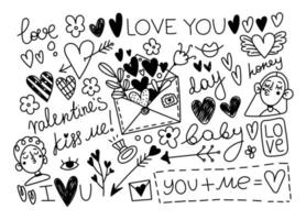 cuori, frecce, baci, insieme di vettore di calligrafia d'amore. San Valentino e matrimonio doodle disegnato a mano. diversi elementi di schizzo per il design e lo scrapbooking.