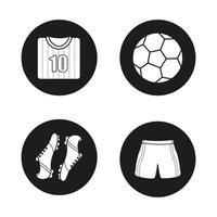 set di icone di calcio. maglia da calcio, stivali e pantaloncini, pallone. divisa da calciatore. illustrazioni di sagome bianche vettoriali in cerchi neri