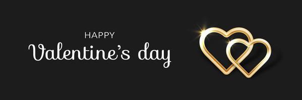 felice banner di san valentino con due cuori dorati decorativi su sfondo nero. illustrazione vettoriale