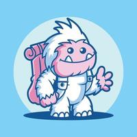 yeti cartone animato che indossa zaino illustrazione vettoriale, simpatico cartone animato yeti. vettore