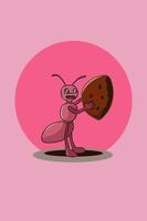 formica carina con illustrazione di design del personaggio della torta vettore