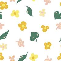 fiori, foglie e trattini scarabocchiati senza cuciture nel colore di tendenza 2021. minimalismo disegnato a mano semplice. carta da parati, tessuti, carta da imballaggio. oro, giallo, verde. bambino vettore
