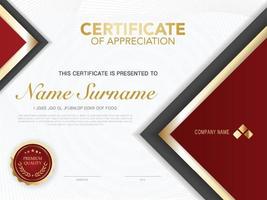 modello di certificato di diploma colore rosso e oro con immagine vettoriale di lusso e stile moderno
