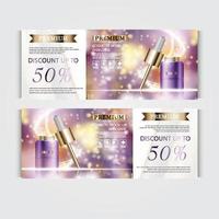 buono regalo siero viso idratante per la vendita annuale o la vendita del festival. bottiglia di maschera per siero viola e oro isolata su sfondo di particelle di glitter. banner pubblicitari cosmetici aggraziati, illustrazione. vettore