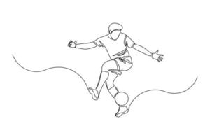 disegno a tratteggio continuo del giocatore di football che dà dei calci alla palla. singola linea d'arte di un giovane calciatore che dribbling e giocoleria con la palla. illustrazione vettoriale