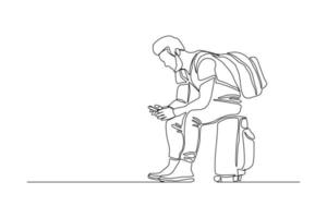 disegno a tratteggio continuo dell'uomo viaggiatore seduto con i bagagli. concetto artistico di una sola linea di turista che cammina con la valigia. illustrazione vettoriale