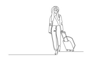disegno a tratteggio continuo della donna del viaggiatore con i bagagli. concetto artistico di una sola linea di turista che cammina con la valigia. illustrazione vettoriale