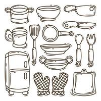 collezione di attrezzature da cucina disegnate a mano in stile doodle cartone animato vettore