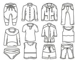 set di abiti da uomo disegnati a mano e pantaloni da colorare di disegno di doodle di cartoni animati vettore