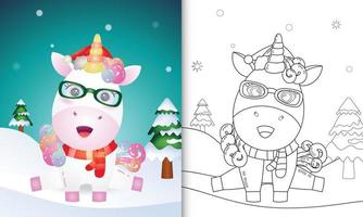 libro da colorare con un simpatico unicorno personaggi natalizi con cappello da Babbo Natale e sciarpa vettore