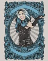 illustrazione ragazza rockstar con cornice ornamento incisione vettore