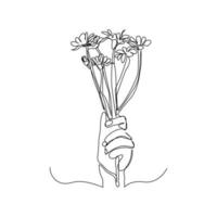 disegno a tratteggio continuo di una mano che tiene il bouquet di fiori. donna della mano con un fiore isolato su sfondo bianco. dare un segno d'amore per qualcuno. stile minimalista. illustrazione dello schizzo vettoriale