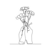 disegno a tratteggio continuo di una mano che tiene il bouquet di fiori. donna della mano con un fiore isolato su sfondo bianco. dare un segno d'amore per qualcuno. stile minimalista. illustrazione dello schizzo vettoriale