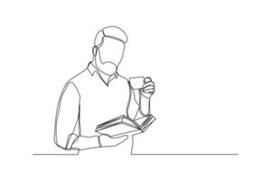 disegno a tratteggio continuo di un uomo d'affari che legge un libro e beve una tazza di caffè. una sola linea d'arte dello stile di vita dei lavoratori. illustrazione vettoriale