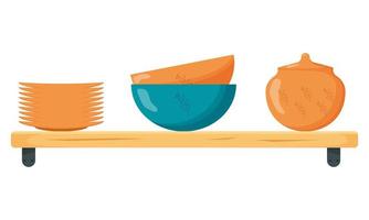 impostare stoviglie in ceramica. simpatici piatti in ceramica fatti a mano, tazze, zuccheriera, teiere, piatti. utensili da cucina, ceramica. illustrazione vettoriale piatta