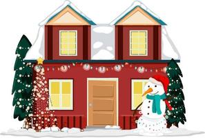 casa innevata con stringa di luce di Natale e pupazzo di neve vettore