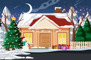 una casa innevata e decorata con decorazioni natalizie vettore