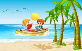 scenario da spiaggia con bambini in gommone vettore