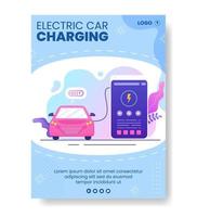 ricarica di batterie per auto elettriche modello di poster illustrazione piatta modificabile di sfondo quadrato adatto per social media o annunci web su Internet vettore