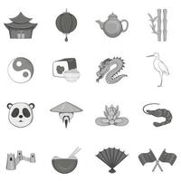 Cina set di icone, stile monocromatico nero vettore
