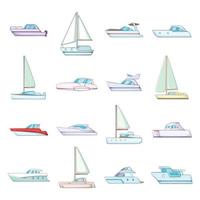yacht set di icone, stile cartone animato vettore