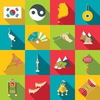 set di icone di viaggio della corea del sud, stile piatto vettore